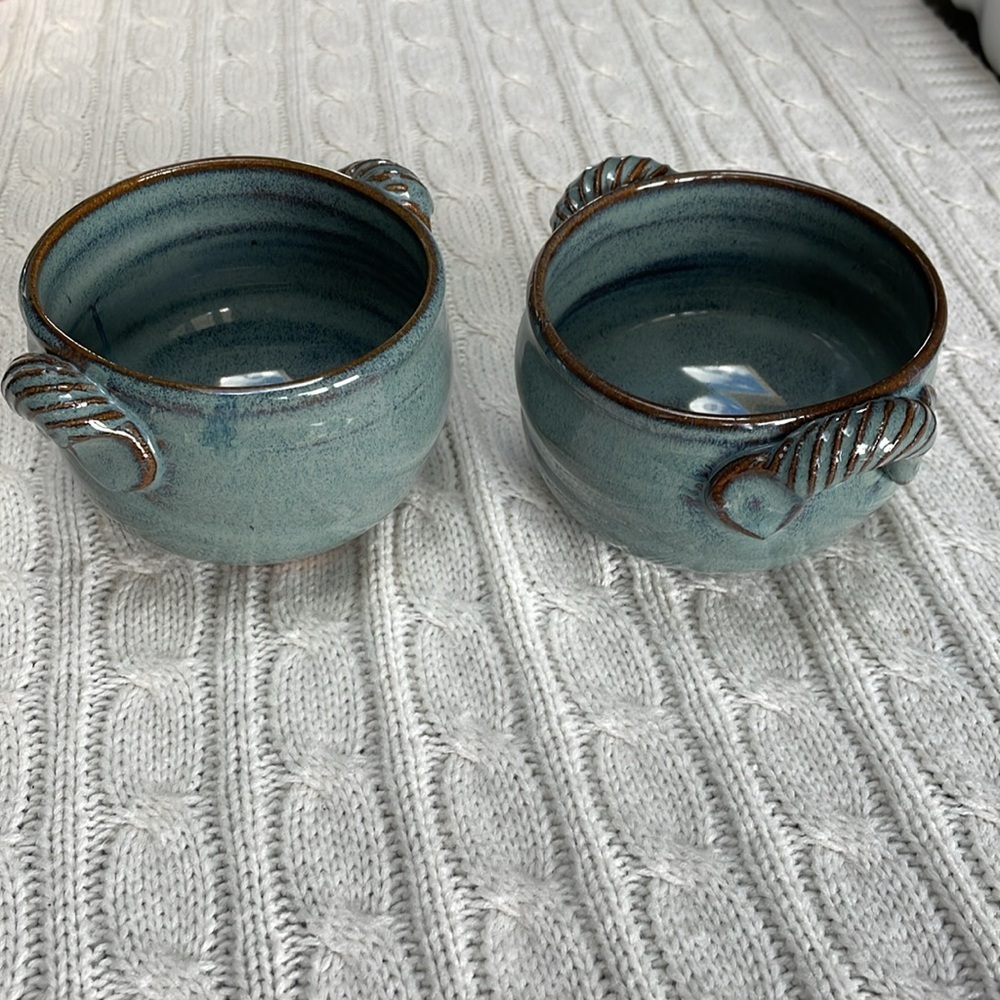 Wheel thrown Pottery 2 Bowls-Blues/browns glazed 4” mouth Approximately 3” h